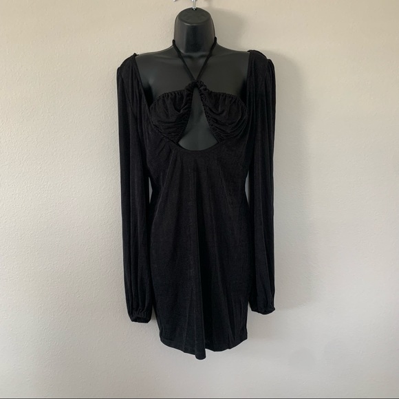 Princess Polly Celine Black Long Puff Sleeve Cut out Tie Neck Mini Dress - Picture 3 of 10